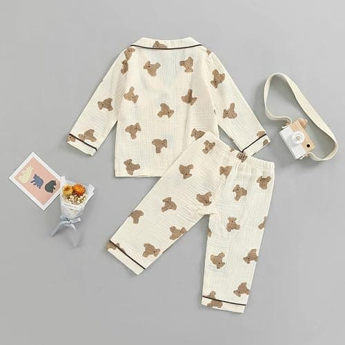 BULINGNA Kids Toddler Girl Boy Two Piece Pajamas Set Button Down Pajama Shirt Top Pants Shorts Bear Sleepwear Pjs Set thumbnail 3