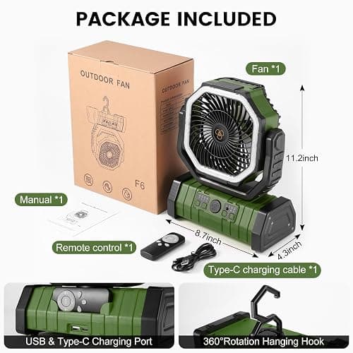 Odoland 30000mAh Camping Fan with LED Lantern, Rechargeable Battery Operated Oscillating with Remote & Hook, Portable Tent Fan with Timer, 4 Speeds for Outdoor Camp RV Jobsite Power Outage, Green thumbnail 7