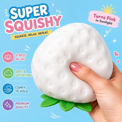 Jumbo Strawberry Squishy,Color Changing Sunlight Activated Squeeze Toy Gift | 5.1in Giant Strawberry Fidget Sensory Toy,White to Pink Color-Changing Slow Rising Fruit Squishy Stress Ball for Party Favors thumbnail 4