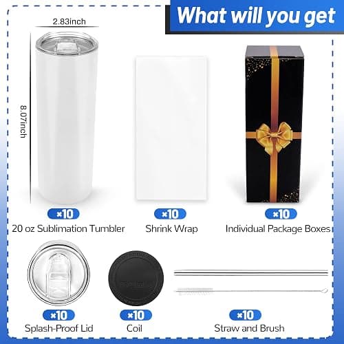 Joyclub Sublimation Tumblers Blanks 20 oz 10 Pack Skinny Straight Tumblers Bulk Stainless Steel Insulated Sublimation Cups with Lid and Straw, Gift Box thumbnail 3