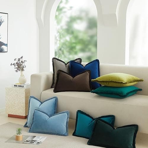 JUSPURBET Olive Green Decorative Velvet Fringe Throw Pillow Covers 18x18 Set of 2 Boho Soft Cushion Case for Home Decor Living Room Couch Sofa Bed thumbnail 5