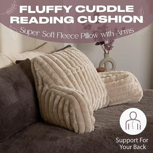 OHS Cuddle Cushion, Gifts for Women Men Ribbed Faux Fur Reading Pillow Sofy Cosy Gaming Cushion with Heatable Pocket Support Pillow with Arms Bed Cushions for Relaxing Comfy, Natural thumbnail 6