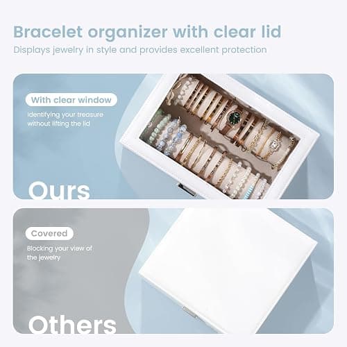 Lolalet Bracelet Display Holder with Rods for Bangles Watches, Clear Lid Jewelry Organizer Box Storage Case for Women Girls -White thumbnail 4