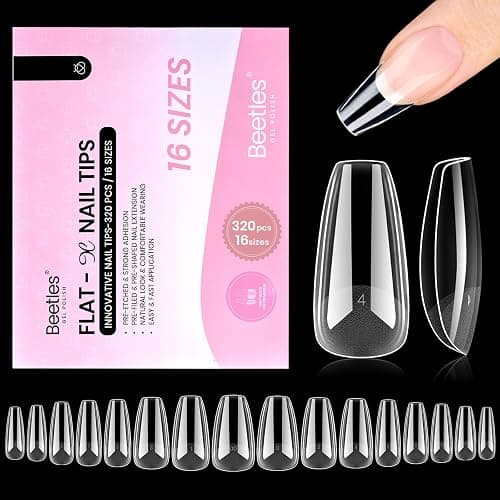 Beetles Gel Nail Tips Flat-X - Coffin Medium, 320pcs 16 Sizes, Pre-Etched Half Matte Full Cover Soft Acrylic Press on False Nail Extension Tips Easy DIY Salon Art for Flat & Natural Nail Beds - Image 1