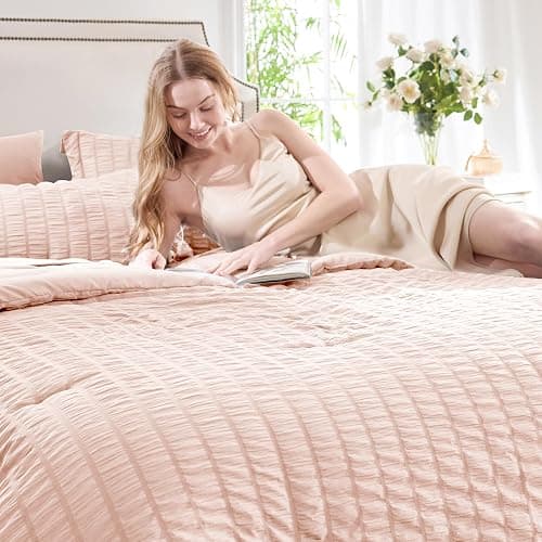 CozyLux Queen Comforter Set Blush Pink Seersucker 7 Pieces Bed in a Bag Queen Comforter Set with Sheets, Luxury Soft Bedding Set with Down Alternative Comforter, Sheets, Pillowcases & Shams All Season thumbnail 3