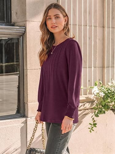 AUTOMET Long Sleeve Shirts Womens Pleated Business Casual Blouses with Smocked Cuffs thumbnail 3