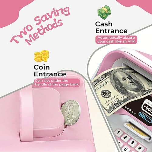 Piggy Bank for Kids Electronic ATM with Password Fingerprint Unlock for Real Money, Children Cash Coin Bank Birthday Gifts for 3 4 5 6 7 8 9 10 11 12 Year Old Boy Girl(Pink/White) thumbnail 4