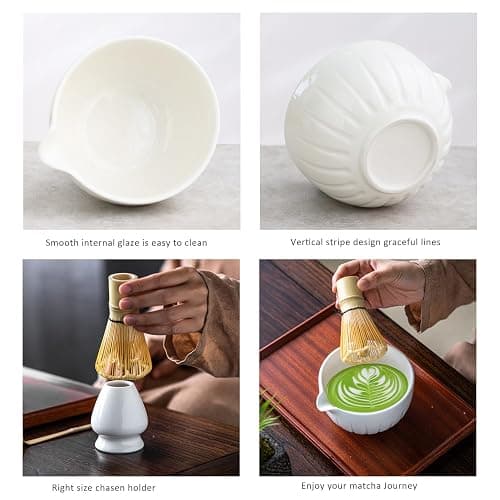 TANG PIN Matcha Set - Match Bowl and Whisk,15 OZ, Matcha Scoop | Matcha Whisk Stand (Chasen Holder) - 4pc Perfect Matcha Kit for Matcha Tea Ceremony (White) thumbnail 4