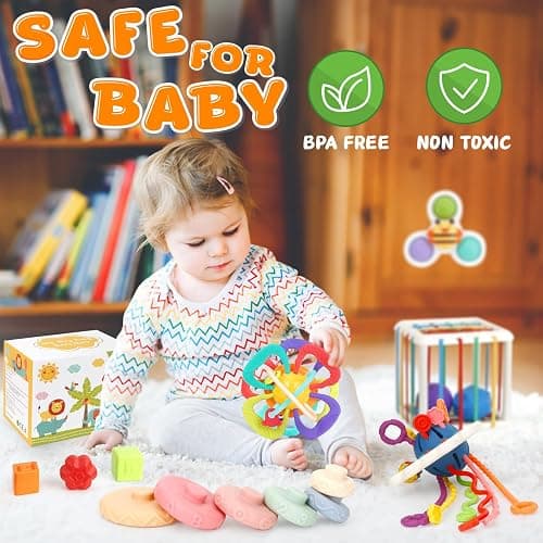 Baby Toys 6-12 Months,5 in 1 Montessori Toys for Babies 6-12 Months,Pull String Infant Teething Toys,Stacking Rings,Color Shape Sensory,Suction Cup Spinner Toys for 6-9-12 to 18 M+ Birthday Gifts thumbnail 2