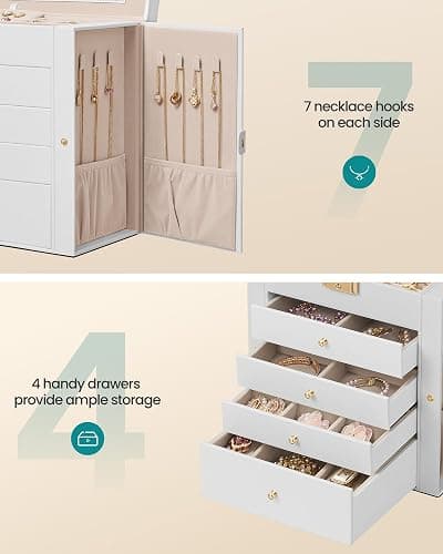 SONGMICS 5-Layer Jewelry Box Organizer with 4 Drawers, Jewelry Storage Case with Lock and Mirror, Large Storage Capacity, Gift for Loved Ones, for Necklaces, Watches, Cream White UJBC153WD01S thumbnail 6