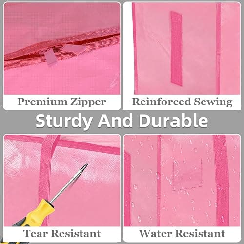 8 Pack-Extra Large Heavy Duty Moving Bags - Waterproof Storage Totes with Handles & Zippers, Foldable for College Dorm, Storage (Pink) thumbnail 4