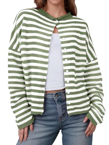 Saodimallsu Womens Striped Cardigan Casual Long Sleeve Open Front Button Down Loose Knit Lightweight Fall Sweaters - Image 1