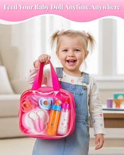 BABESIDE Baby Doll Accessories, 10 Pcs Disappearing Doll Feeding Set for Toy Stroller, Baby Care Pretend Play Kit with Magic Bottles, Pacifiers, Bib, Diaper & Carry Bag for 12–15 Inch Dolls thumbnail 4