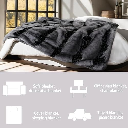 Fox Faux Fur Luxury Throw Blanket - Super Warm, Elegant & Cozy - 74"x90" Grey Washable Plush Blanket for Couch, Armchair & Bed thumbnail 5