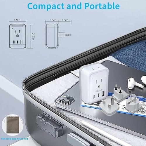 European Travel Plug Adapter Kit, VINTAR International Plug Adapter with 3 USB Ports (2 USB C,3.4A) 2 American Outlets, Type C,G,E/F Detachable Attachments, Adapter for US to UK Europe France Italy thumbnail 7