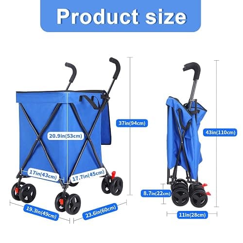 Folding Shopping Cart with Wheels,Foldable Shopping Cart for Groceries,Large Capacity 120lbs Utility Cart,Hulken Bag with Wheels for Laundry Grocery, Baggage, Picnic (Blue) thumbnail 3