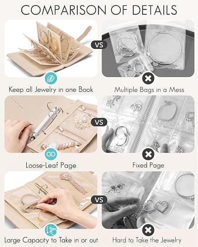 Vlando Travel Jewelry Organizer Case,Jewelry Storage Book Ring Binder with Clear Zipper Velvet Pouch Bag for Traveling,Rings,Necklace,Earrings,Bracelets,Brooches-Toffee thumbnail 6