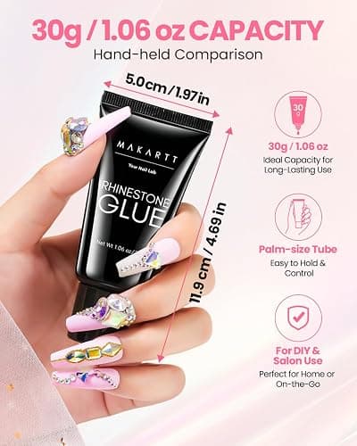 Makartt Rhinestone Glue for Nails: Super Strong 3D Gel for Nail Charms 30g | 30-Day Hold. Crystal Clear, Non-Yellowing Medium-Viscosity UV Cured Gel for 1–6mm Rhinestone, Gem & Charm. DIY, Salon & Gift. thumbnail 9