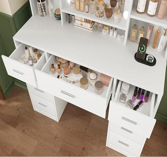 FIONESO Vanity Desk with Mirror and Lights, Power Outlet, Makeup Vanity with 9 Drawers & 6 Open Storage Shelves, 3 Lighting Modes Brightness Adjustable, White thumbnail 8