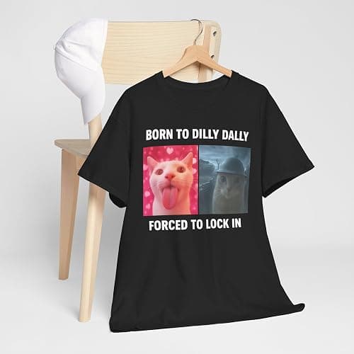 Born to Dilly Dally Forced to Lock in Shirt, Funny Cursed Cat Meme T-Shirt, Gen Z Ironic Humor Tee, Unhinged Viral Y2K Shirt thumbnail 4