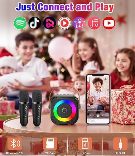 Mini Karaoke Machine, Portable Bluetooth Speaker with 2 Wireless Microphones for Kids & Adults, Karaoke Microphone with LED Lights, Gifts for Girls & Boys thumbnail 5