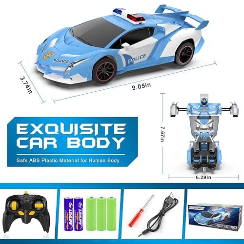 FDJ RC Cars - Transform Remote Control Car, 2.4Ghz 1:18 Scale Transforming Police Car Toy with Flashing Light, One Button Deformation 360 Degree Rotating Drifting Kids Toys Car for Boys Girls thumbnail 2