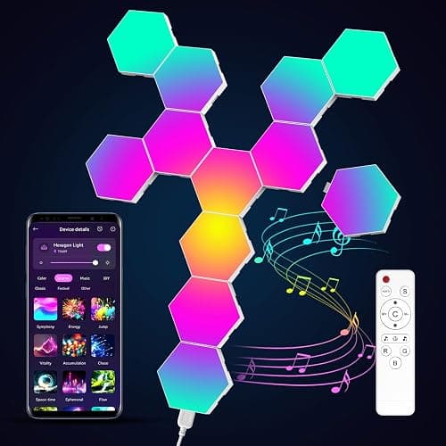 COLWINKU Hexagon Lights Gaming with Remote & App Control, 12 Pack RGB Led Hex Light Panels, Geometry Night Lamp DIY Hexagon Smart Wall Lights Sync to Music for Room Bar Decor Gaming Setup - Image 1