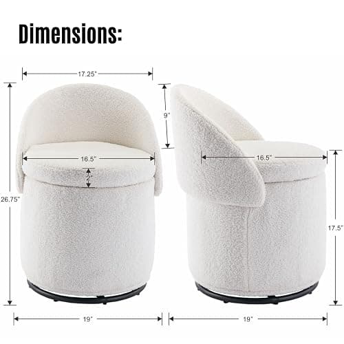 LukeAlon Sherpa Makeup Ottoman with Storage, Upholstered 360° Swivel Vanity Stool with Foldable Backrest Modern Cylindrical Footrest Stool for Living Room Bedroom, White thumbnail 2