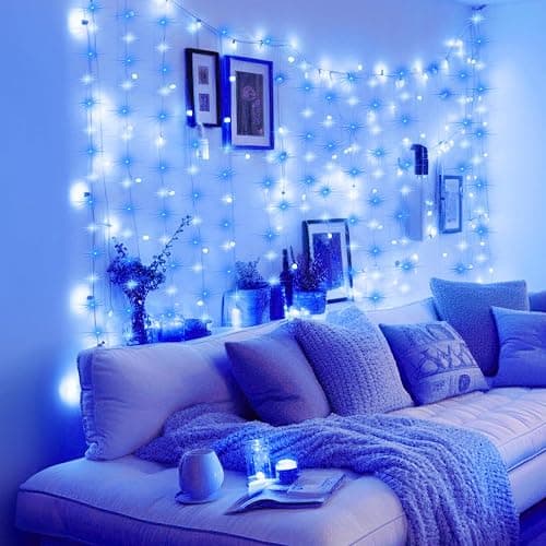 Minetom Curtain Lights, 300 LED Dimmable Fairy Lights with Remote and Timer, 8 Modes, USB Powered String Lights for Room Wall Party Xmas Indoor Decor, Blue & White Hanukkah Decorations Lights thumbnail 6