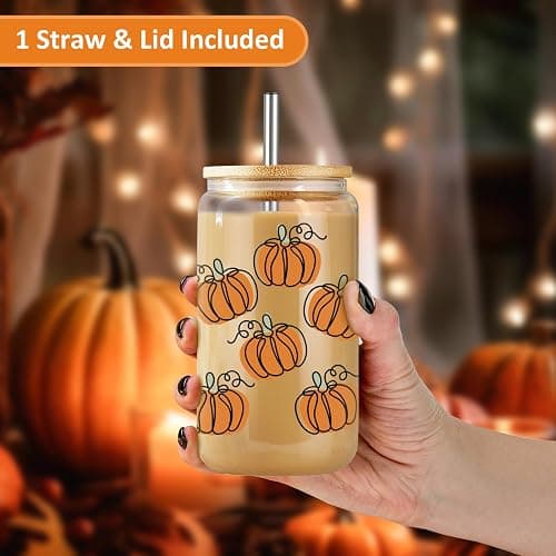 LEADO Pumpkin Cup - Fall Gifts, Halloween Glass Cup, Fall Basket Stuffers | Pumpkin, Birthday, Fall Gifts for Women, Adults, Halloween Boo Basket, Halloween Iced Coffee Cup, 16 oz Thanksgiving Tumbler thumbnail 4