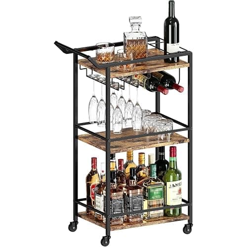 LOTEYIKE 3 Tier Bar Cart, Mini Liquor Utility Cart for Wine Beverage Dinner Party, Rolling Wine Coffee Drink Serving Cart with Lockable Wheels for Home Kitchen Bars (Rustic Brown) - Image 1