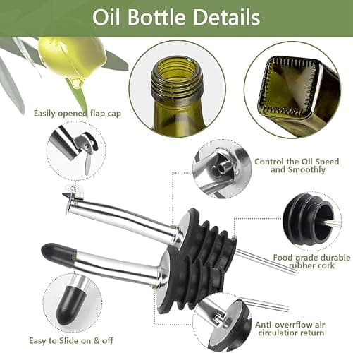 Leaflai 2 Pcs Green Glass Olive Oil Dispenser and Vinegar Dispenser Set with 2 Stainless Steel Pourers, 4 Labels, 1 Brush, 1 Funnel (500ml) for Kitchen, Cooking, Salad Dressing, Barbecue, Mixing thumbnail 4