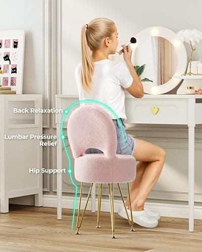 GREENSTELL Small Vanity Stool Chair with Storage and Folding Back, 13" x 13" x 17.7" Faux Fur Soft Ottoman for Teenager, 4 Metal Legs with Anti-Slip Feet, Furry Padded Seat for Makeup, Bedroom, Pink thumbnail 3
