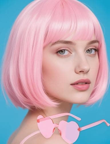 FSLLZCJY Light Pink Bob Wig with Heart Sunglasses - Heat-Resistant, Synthetic Fiber, Adjustable and Natural Looking - Image 1