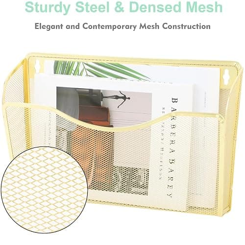 EASEPRES 3 Single Pocket Mesh Hanging File Organizer, Vertical Wall Mounted Magazine File Holder, Mount Basket Mail Paper Document Folder Organizing for Office, Home and School, Gold thumbnail 4