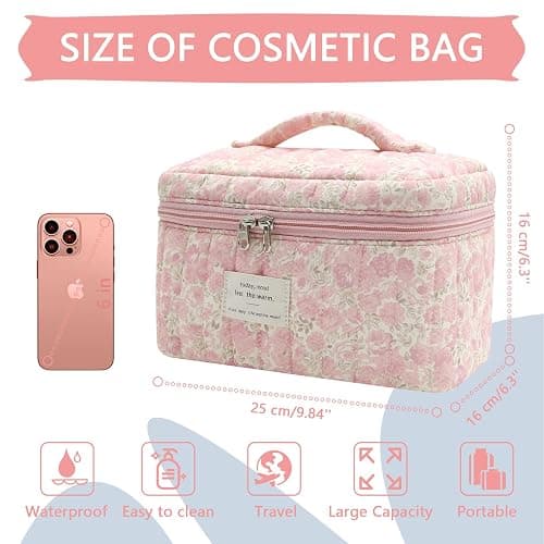 Large Makeup Bag, Cute Cosmetic Bag for Women Girls, Floral Coquette Aesthetic Toiletry Bag, Travel Make Up Organizer Bag (Crushed Flower) thumbnail 3
