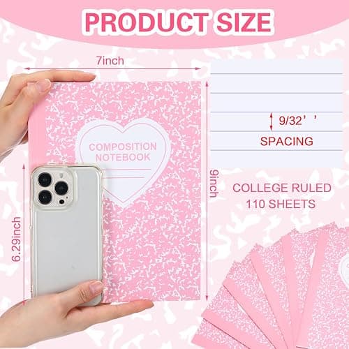 Tenceur Composition Notebook College Ruled Paper Assorted Marble Aesthetic Composition Notebook for Back to School 110 Page 7-1/2" x 9-3/4" Journal Gift for First Day School(6 Pcs,Pink) thumbnail 3