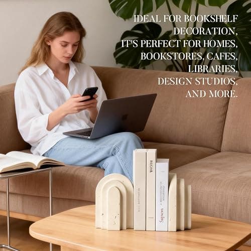 Havmorph Book Ends for Heavy Books, Beige Modern Pleasing Layered Arch Design Aesthetic Bookend Decorative, Concrete Book Ends to Hold Books Heavy Duty for Bookshelf Decor, Home Decor, Office Decor thumbnail 7