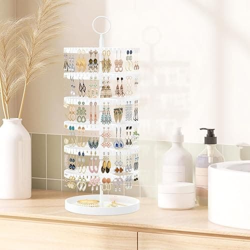 iDavosic.ly 6 Tier Rotating Earring Holder Organizer with Metal Tray, Adjustable Plastic Dangle Display Stands Tree with 342 Grooves, Large Hoop Storage Rack Tower, White thumbnail 2