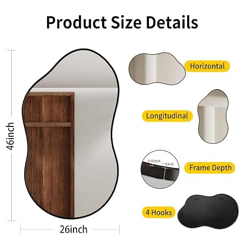 EVORALIS Irregular Wall Mirror - 26''×46'' Asymmetrical Decorative Tempered Glass Aluminum Alloy Framed Mirrors Cloud Mirror Wavy Mirrors for Bathroom, Bedroom, Living Room, Entryway（Black） thumbnail 2