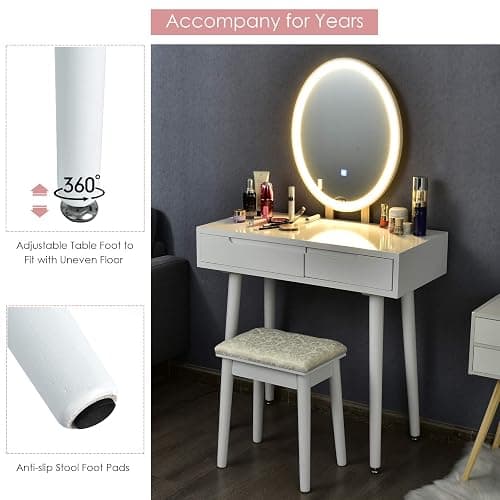CHARMAID Vanity Set with Lighted Mirror, 3 Modes Adjustable Brightness Mirror, Makeup Dressing Table with Cushioned Stool, 2 Sliding Drawers with Divider, Modern Bedroom Vanity for Girls Women (White) thumbnail 7