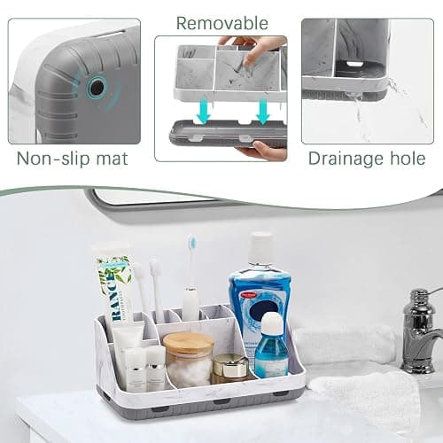 GFWARE Marble Bathroom Countertop Organizer - Detachable 7 Slots Kids Electric Toothbrush and Toothpaste Holde Drainage for Bathroom Accessories Organization Counter Vanity Storage, Grey thumbnail 5