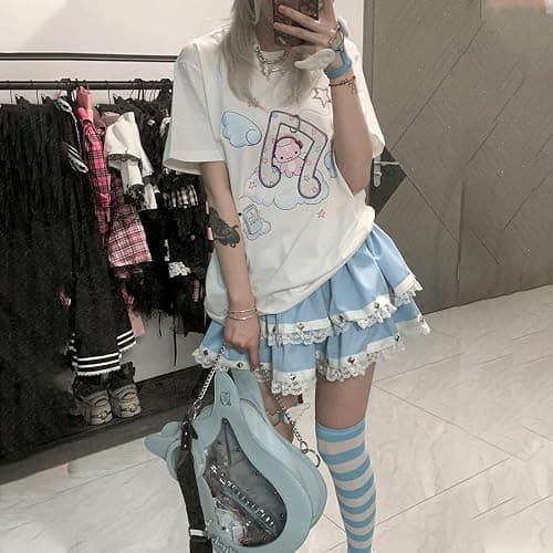 RILGOU Harajuku Pastel Kawaii Gothic Cartoon Cat Music Angel Print T-Shirt | Cutecore, Vintage Casual Style, Streetwear, Athleisure, Cotton Materials, Loose Fit, Crewneck Short Sleeve, For Daily Wear thumbnail 3