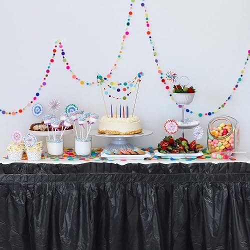 Tegeme 16 Pieces Black Plastic Table Skirts for Rectangle Tables, 14 ft x 29 in Disposable Ruffle Table Skirting with Adhesive Strip, Bulk Party Supplies for Wedding, Birthday, Baby Shower & Banquet thumbnail 6