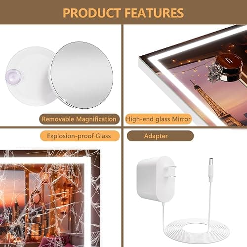 Hasipu Vanity Mirror with Lights, 47" x 30" LED Makeup Mirror, Lighted Makeup Mirror with Dimmable 3 Modes, Touch Screen Control Vanity Mirror Square White thumbnail 8