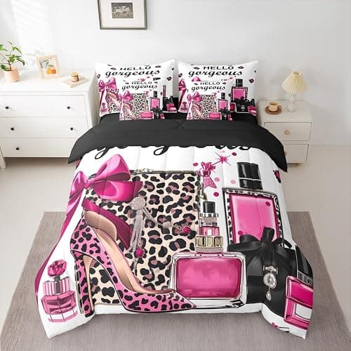Erosebridal Black and Pink Leopard Print Comforter Set King Size | Fashion Modern Girly Bedding Set 7 Pieces Bow Perfume High Heels Bed Sets Trendy Stylish Girls Bed in A Bag with Flat Fitted Sheets thumbnail 2