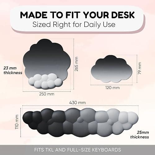 THONIV - Cloud Wrist Rest for Keyboard and Mouse, Soft Memory Foam Support with Non-Slip Base, Cute Cloud Design for Typing, Gaming, Office, Bonus Coaster Included for Desk Aesthetic (Black Gradient) thumbnail 2