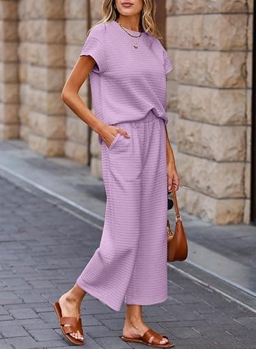 SHEWIN Womens Two Piece Spring Outfits Sweatsuits Casual Pullover Tops and Wide Leg Sweatpant Lounge Sets thumbnail 6