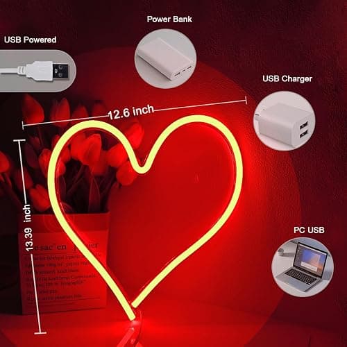 Britrio LED Neon Light Sign, 13.4”x12.6” Heart Shape Neon Sign Wall Hanging Sign Wall Art for Bar Bedroom Living Room Kid’s Room Party,Home Decor Neon Night Light USB Powered(Red Heart) thumbnail 3