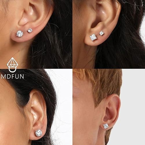 MDFUN 6 Pairs Stud Earrings Set 3mm/5mm/7mm Princess & Round Cubic Zirconia Earrings Hypoallergenic 316L Surgical Stainless Steel CZ Earrings for Women Men thumbnail 2